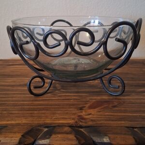 Glass Bowl with Black Scroll Metal Stand